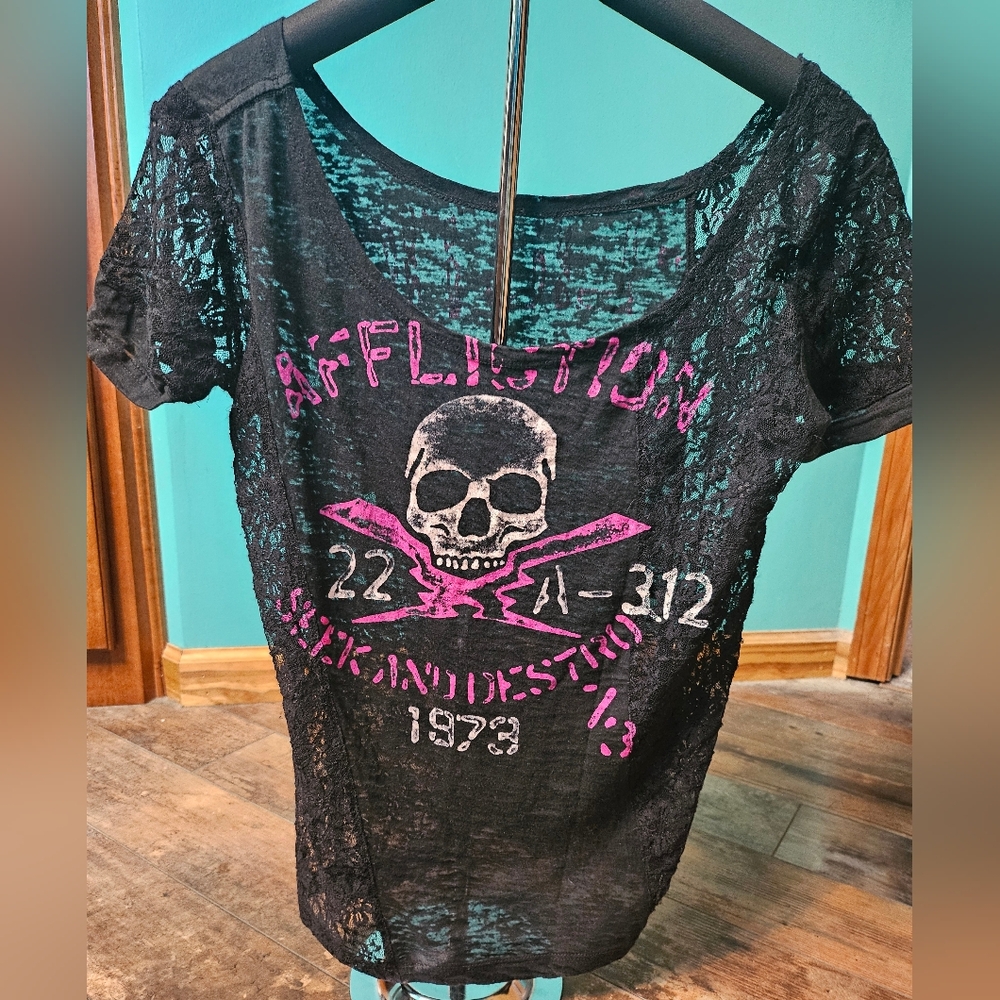 Affliction Black and Pink Skull Lace Tee